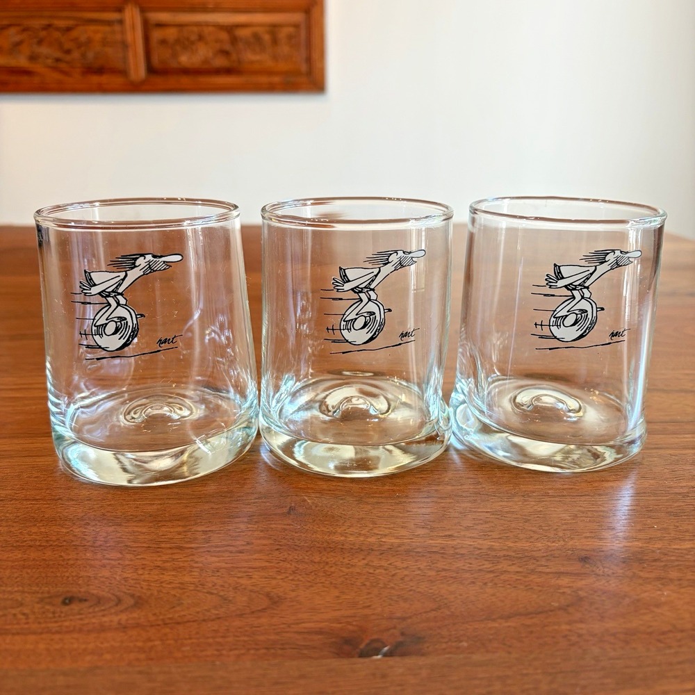 Vintage BC Johnny Hart Caveman Thor Pinched Drinking Glasses Set of 3 Clear 4in